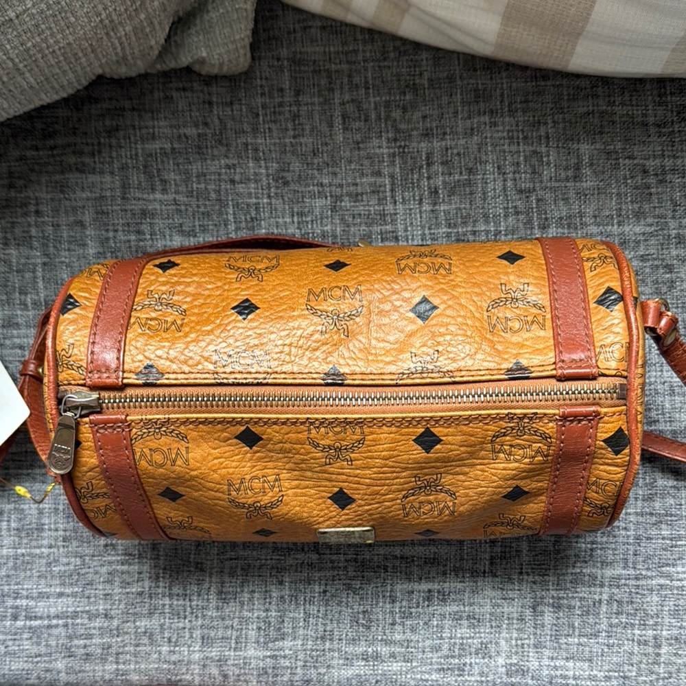 MCM Tan and Brown Monogram Barrel Bag